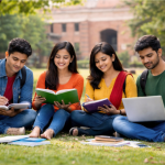 Four college students smiling sitting on grass with books and a laptop open. A college building in the background.