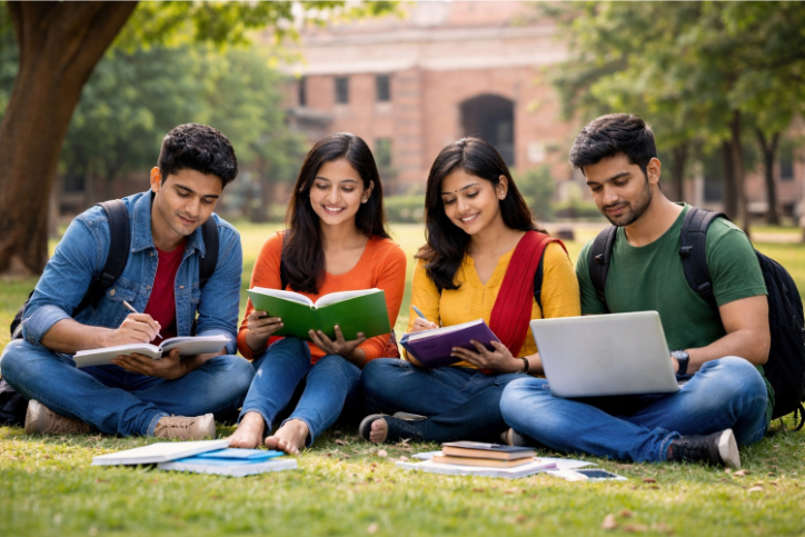 Four college students smiling sitting on grass with books and a laptop open. A college building in the background.