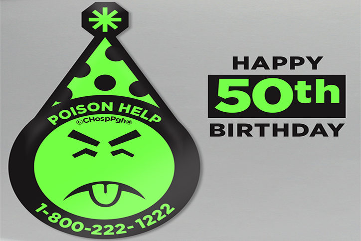 An image containing Mr. Yuk with a birthday hat on and text saying "Happy 50th Birthday"