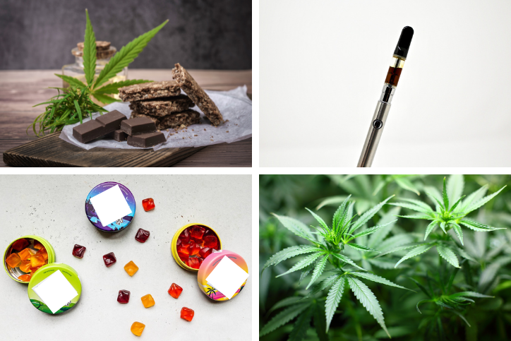 A collage with 2 kinds of edibles, a vape pen, and a hemp plant