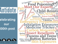 Blue banner on left side with eAntidote logo, the MPC logo, and text stating celebrating our 100th post. On the right side there is a word cloud with various past blog titles.