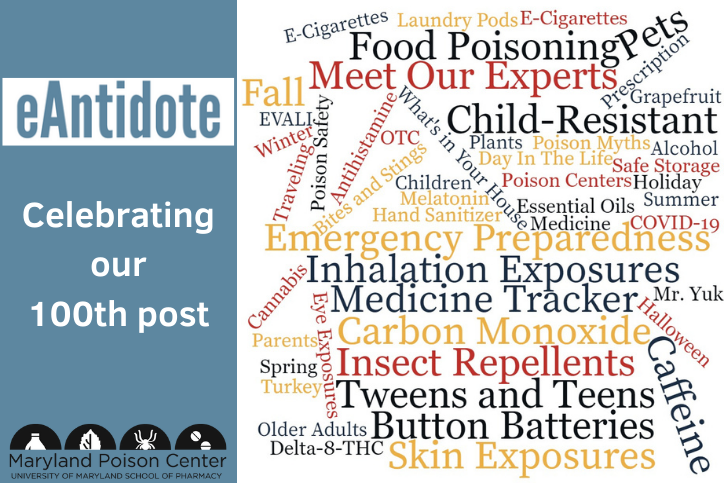 Blue banner on left side with eAntidote logo, the MPC logo, and text stating celebrating our 100th post. On the right side there is a word cloud with various past blog titles.