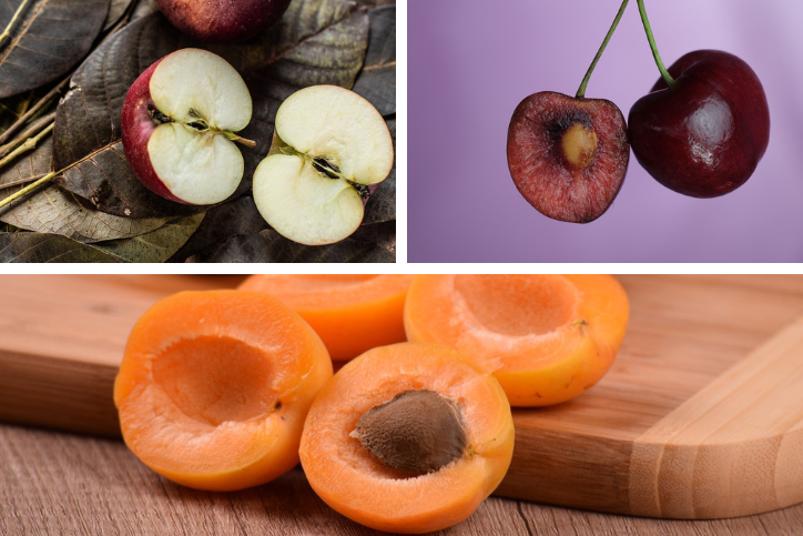 Collage of cut open apples, cherries, and apricots showing their seeds/pits inside