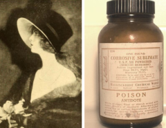 Split photo with a black and white portrait of Olive Thomas on the left and an antique bottle of Mercury Bichloride on the right