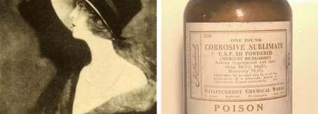 Split photo with a black and white portrait of Olive Thomas on the left and an antique bottle of Mercury Bichloride on the right