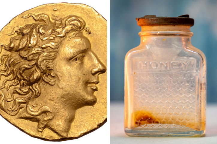 Collage with Mithridates VI Eupator on the left and an antique honey jar on the right