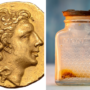 Collage with Mithridates VI Eupator on the left and an antique honey jar on the right