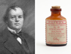 Black & White portrait of William Palmer on the left and an image of an antique strychnine bottle on the right