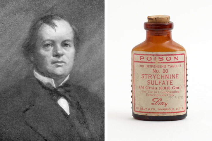 Black & White portrait of William Palmer on the left and an image of an antique strychnine bottle on the right