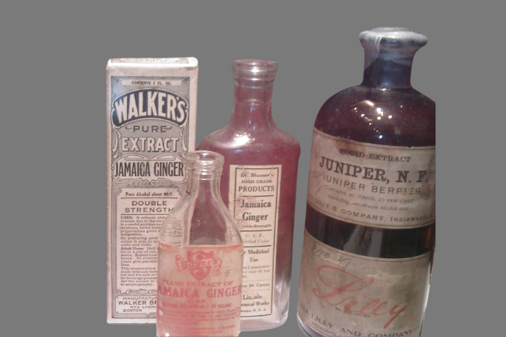 Various antique bottles of Jamaican Ginger Extract/Jake