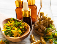 St. John’s Wort flower, supplement capsules, and tinctures