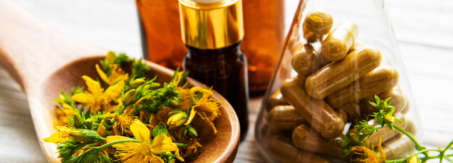 St. John’s Wort flower, supplement capsules, and tinctures