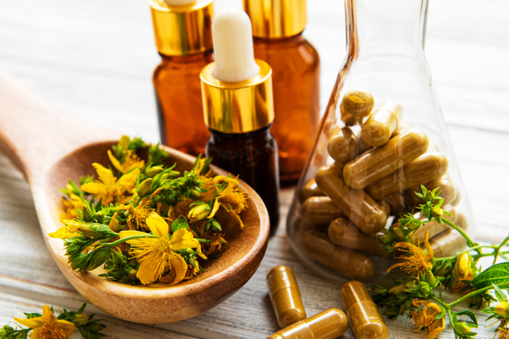 St. John’s Wort flower, supplement capsules, and tinctures