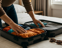 Person packing clothing into an open suitcase.