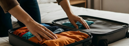 Person packing clothing into an open suitcase.
