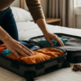 Person packing clothing into an open suitcase.