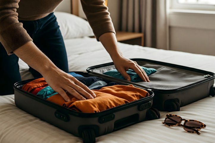 Person packing clothing into an open suitcase.