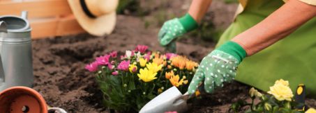 Someone planting a group of flowers in soil wearing gloves and holding a small shovel.