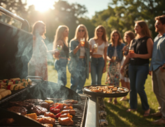 A group of people standing outside talking and holding drinks behind a smoking grill cooking food.