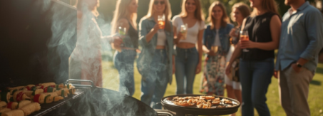 A group of people standing outside talking and holding drinks behind a smoking grill cooking food.