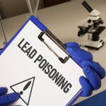 A close-up of a clipboard holding a sheet of paper that says "Lead Poisoning" with a caution symbol.